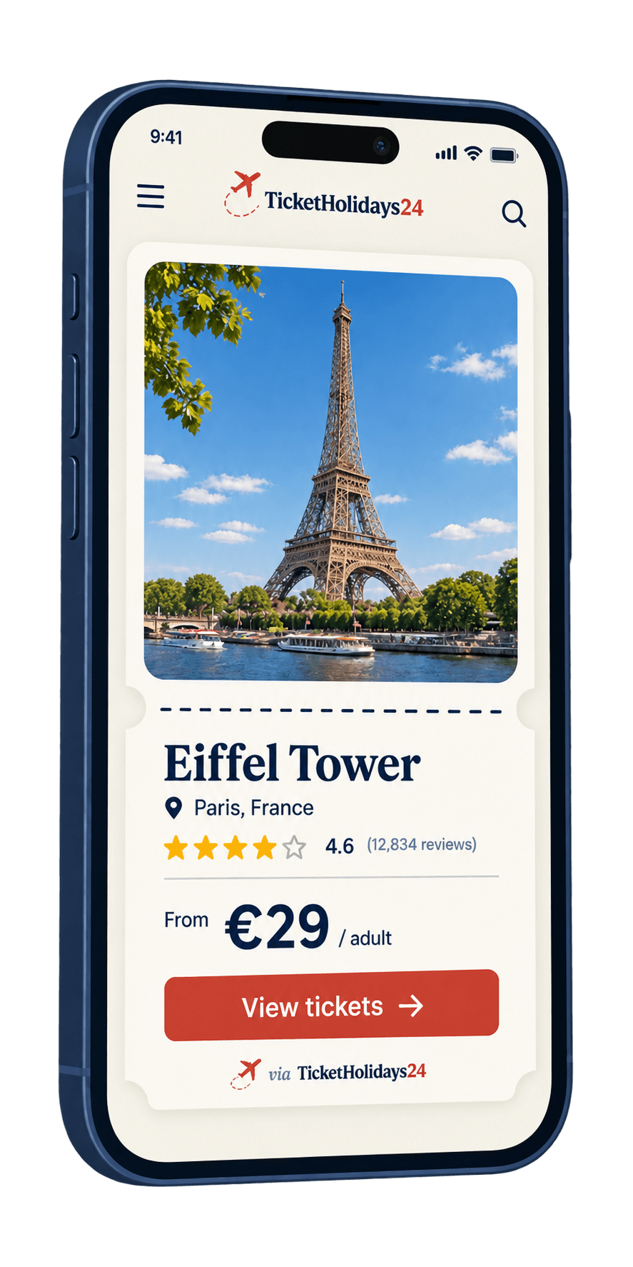 TicketHolidays24 app screen showing an Eiffel Tower ticket, from €29